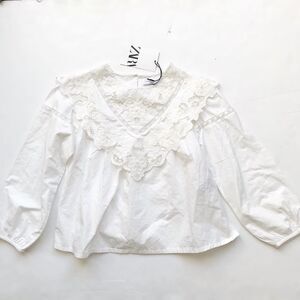 Zara NWT white floral eyelet bib blouse  9Y